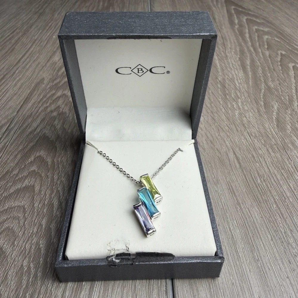 CBC Sterling Silver Multi Color Triple Baguette Cut CZ Pendant Necklace